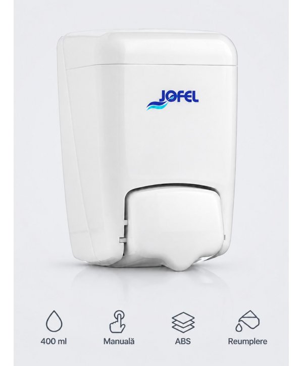 Dozator pentru sapun lichid Jofel Azur, capacitate 400 ml, ABS de inalta calitate, rezervor reincarcabil, alb Dozator pentru sapun lichid Jofel Azur, capacitate 400 ml, ABS de inalta calitate, rezervor reincarcabil, alb