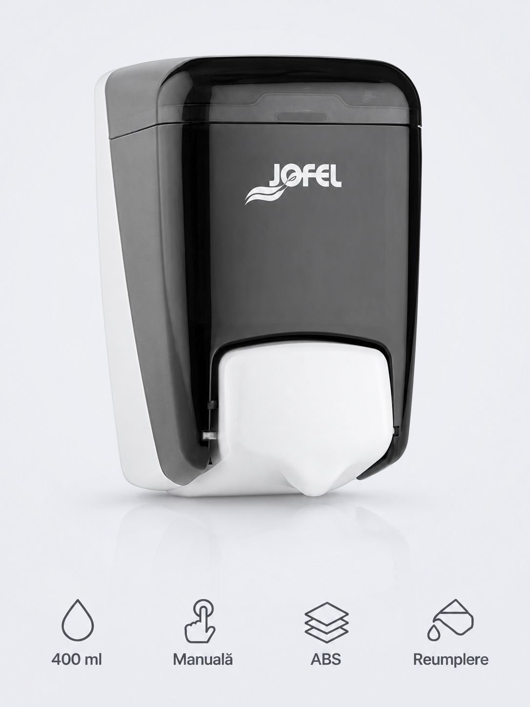 Dozator pentru sapun lichid Jofel Azur, capacitate 400 ml, fiabil, estetic, negru, rezervor reincarcabil