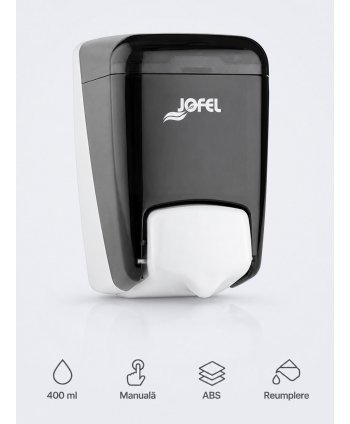 Dozator pentru sapun lichid Jofel Azur, capacitate 400 ml, fiabil, estetic, negru, rezervor reincarcabil