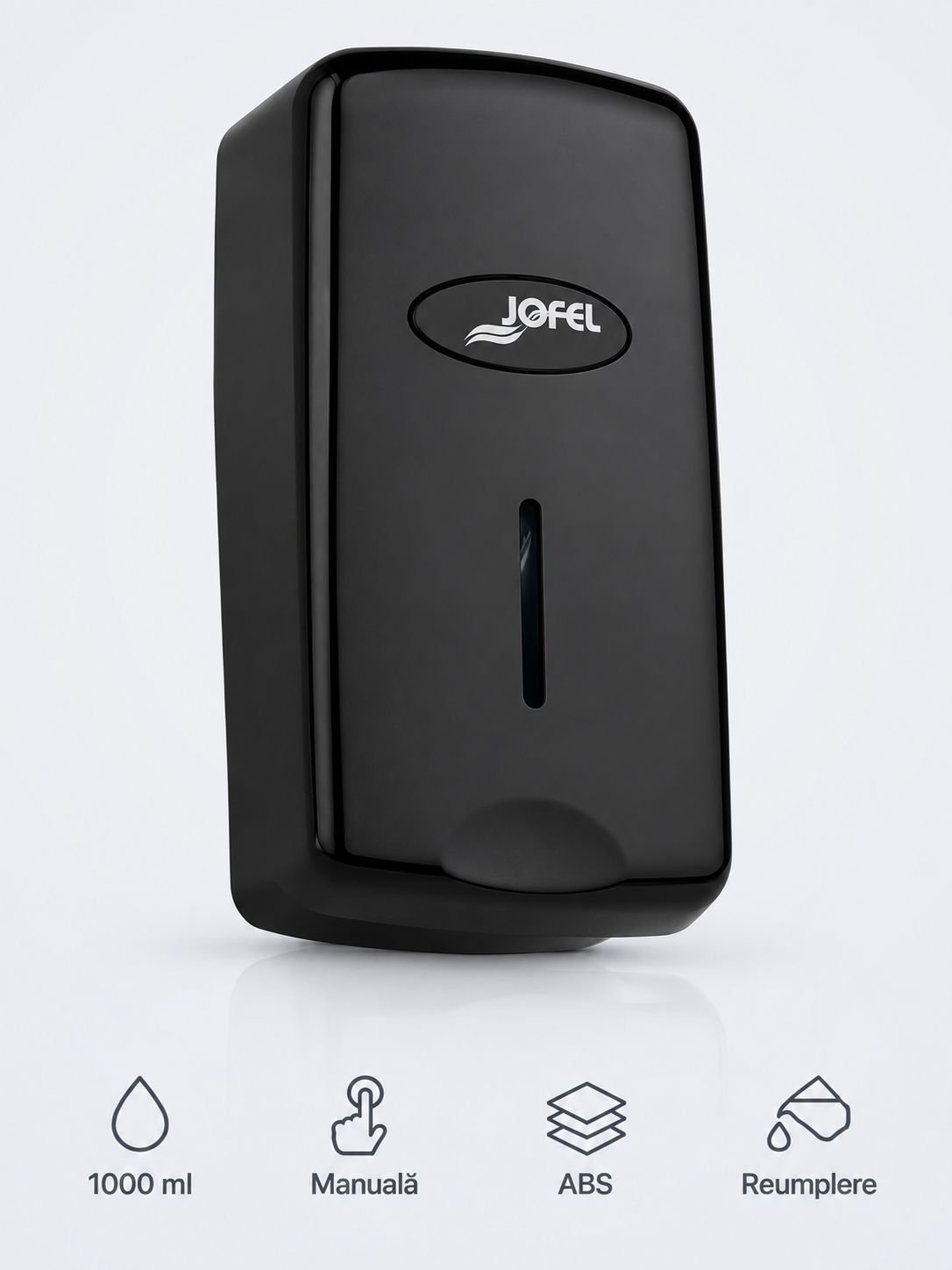 Dozator sapun lichid Jofel SMART, capacitate 1000 ml, vizor de nivel, ABS de inalta calitate, inchidere cu cheie, negru