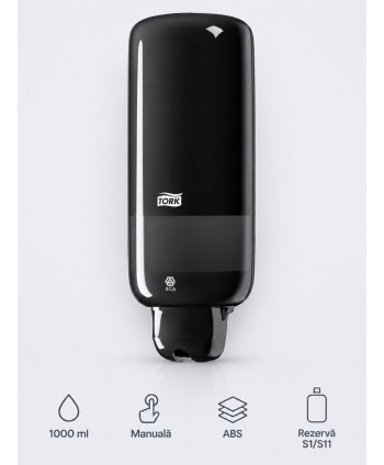 Dozator de sapun / dezinfectant, 1000 ml, reumplere cu rezerva, antipicurare, inchidere cu cheie, negru, Tork S1/S11, cod 560008