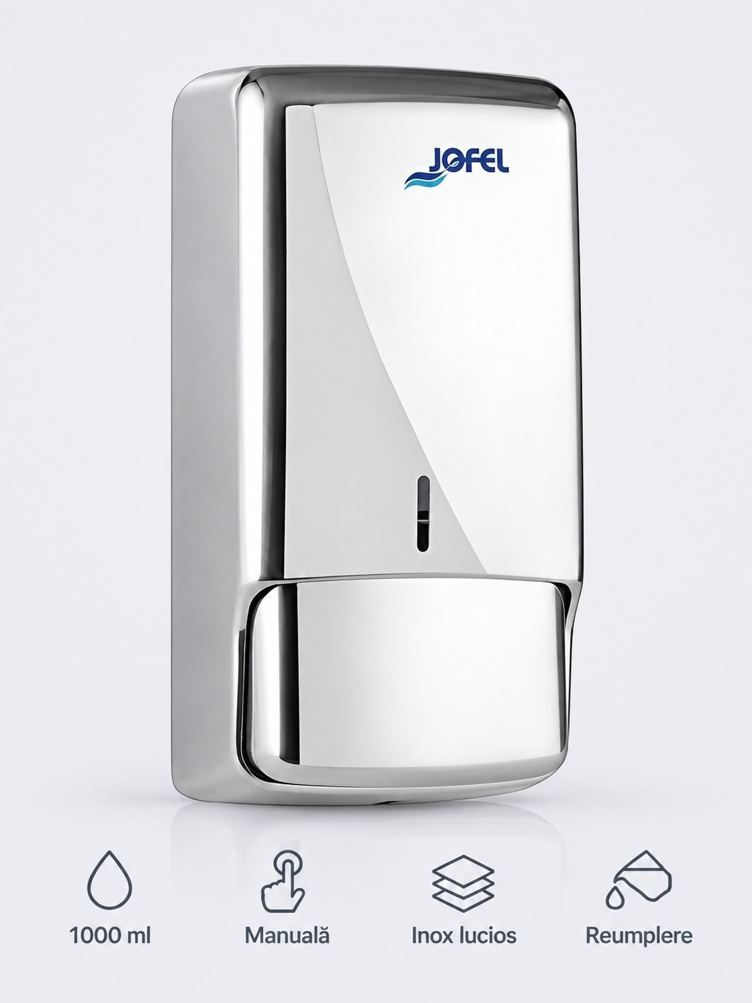 Dozator din inox lucios pentru sapun lichid din gama Jofel Futura, antivandalism, design minimalist, calitate premium