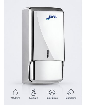 Dozator din inox lucios pentru sapun lichid din gama Jofel Futura, antivandalism, design minimalist, calitate premium