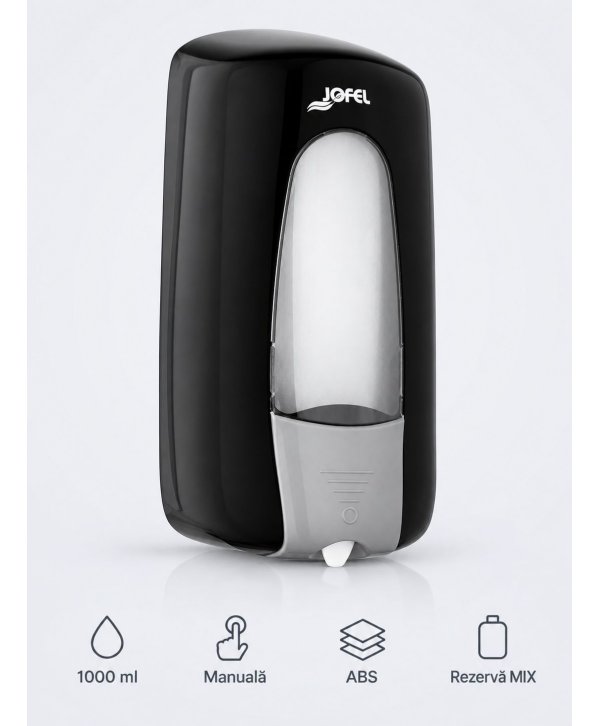 Dozator de sapun Jofel AITANA cu reumplere cu rezerva in sistem MIX 1000 ml, fabricat in Spania, negru Dozator de sapun Jofel AITANA cu reumplere cu rezerva in sistem MIX 1000 ml, fabricat in Spania, negru