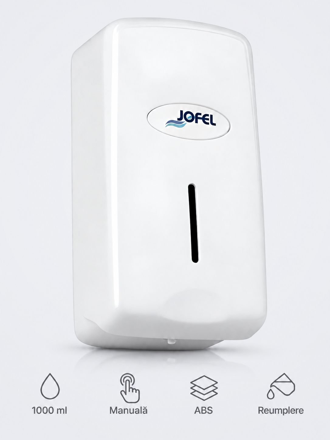 Dozator sapun lichid Jofel SMART, capacitate 1000 ml, vizor de nivel, ABS de inalta calitate, inchidere cu cheie, alb