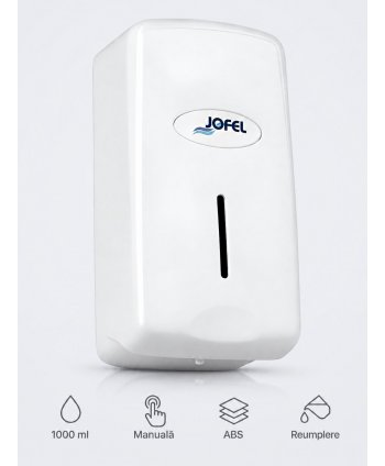 Dozator sapun lichid Jofel SMART, capacitate 1000 ml, vizor de nivel, ABS de inalta calitate, inchidere cu cheie, alb