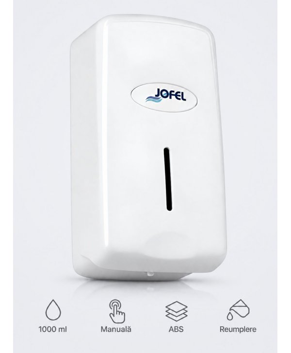 Dozator sapun lichid Jofel SMART, capacitate 1000 ml, vizor de nivel, ABS de inalta calitate, inchidere cu cheie, alb Dozator sapun lichid Jofel SMART, capacitate 1000 ml, vizor de nivel, ABS de inalta calitate, inchidere cu cheie, alb