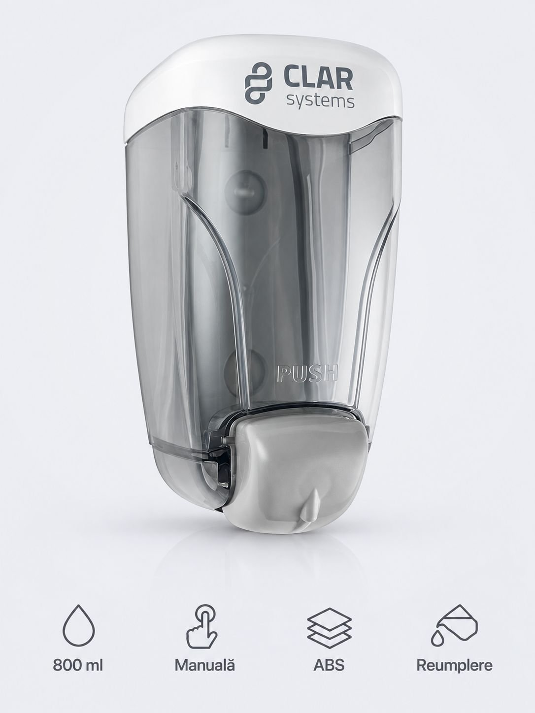 Dozator de sapun lichid Clar Systems din gama Trendy, ABS antistatic alb, 800 ml, rezervor cu reumplere, Spania