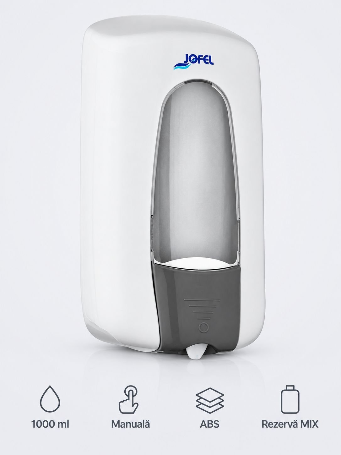 Dozator de sapun Jofel AITANA cu reumplere cu rezerva in sistem MIX 1000 ml, fabricat in Spania, alb