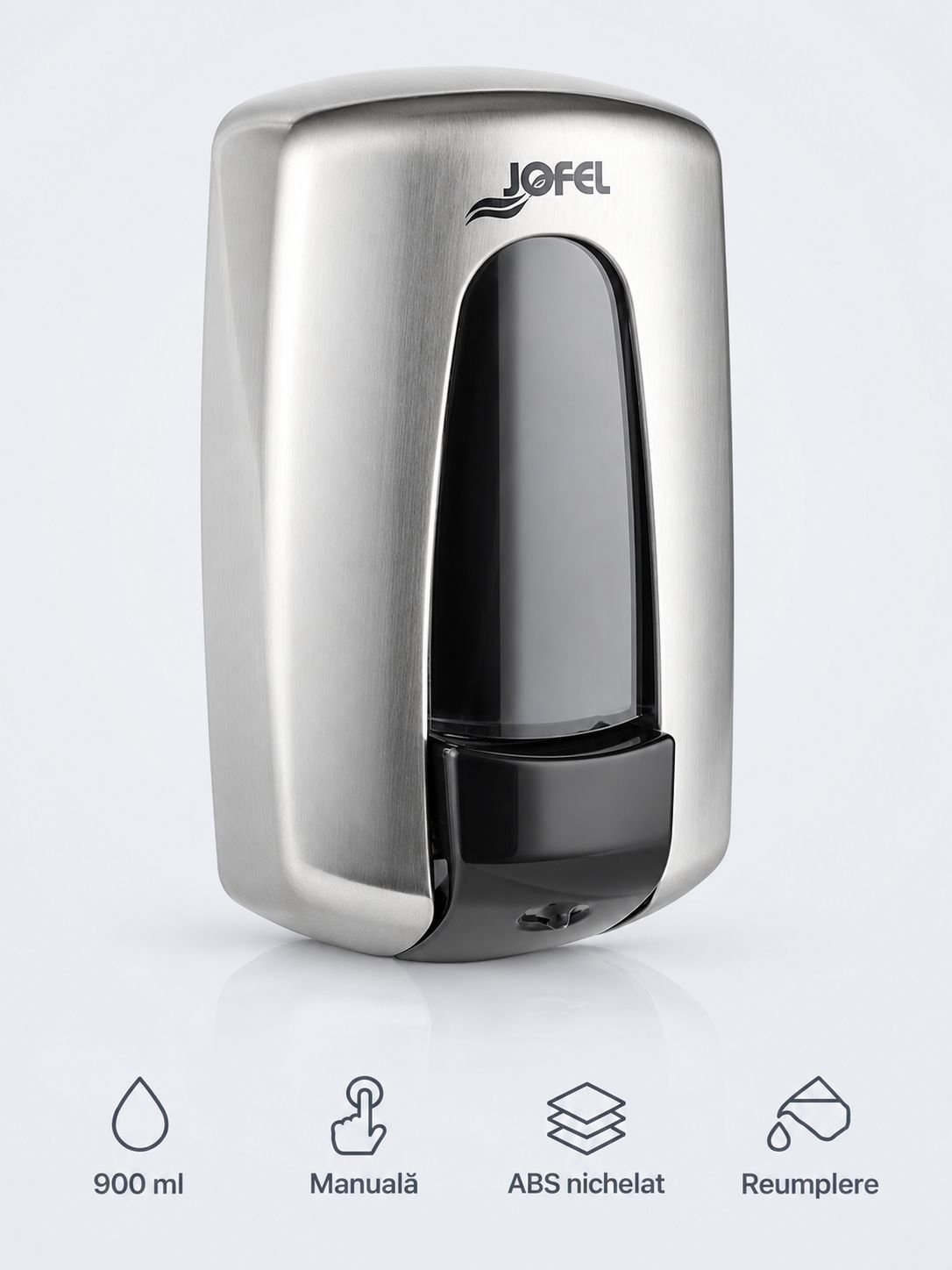 Dozator pentru sapun lichid cu finisaj nichelat, calitate Premium, Jofel Aitana Nickel, capacitate 900 ml