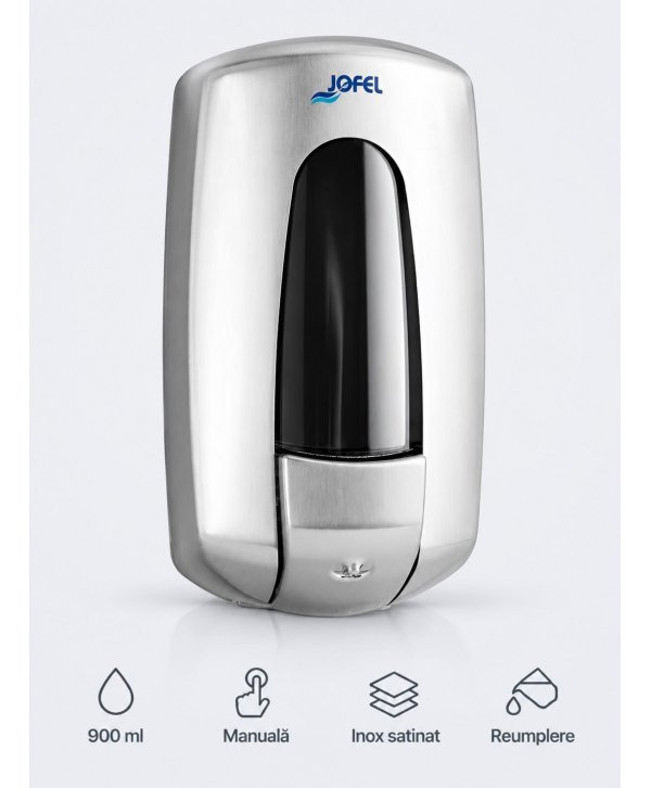 Dozator din inox satinat pentru sapun lichid, calitate si finisaj premium, capacitate 900 ml, Jofel Aitana Dozator din inox satinat pentru sapun lichid, calitate si finisaj premium, capacitate 900 ml, Jofel Aitana