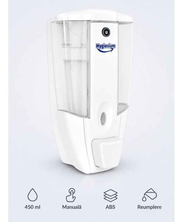 Dozator Săpun Lichid Hygienium 450 ml -Soluția Economică și Fiabilă pentru Spații cu Trafic Redus sau Mediu Dozator Săpun Lichid Hygienium 450 ml -Soluția Economică și Fiabilă pentru Spații cu Trafic Redus sau Mediu