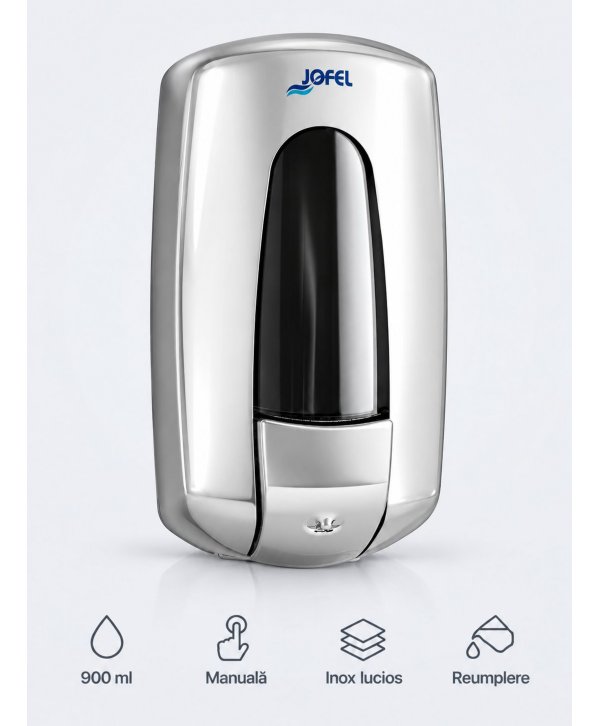Dozator din inox lucios pentru sapun lichid, calitate si finisaj premium, capacitate 900 ml, Jofel Aitana Dozator din inox lucios pentru sapun lichid, calitate si finisaj premium, capacitate 900 ml, Jofel Aitana