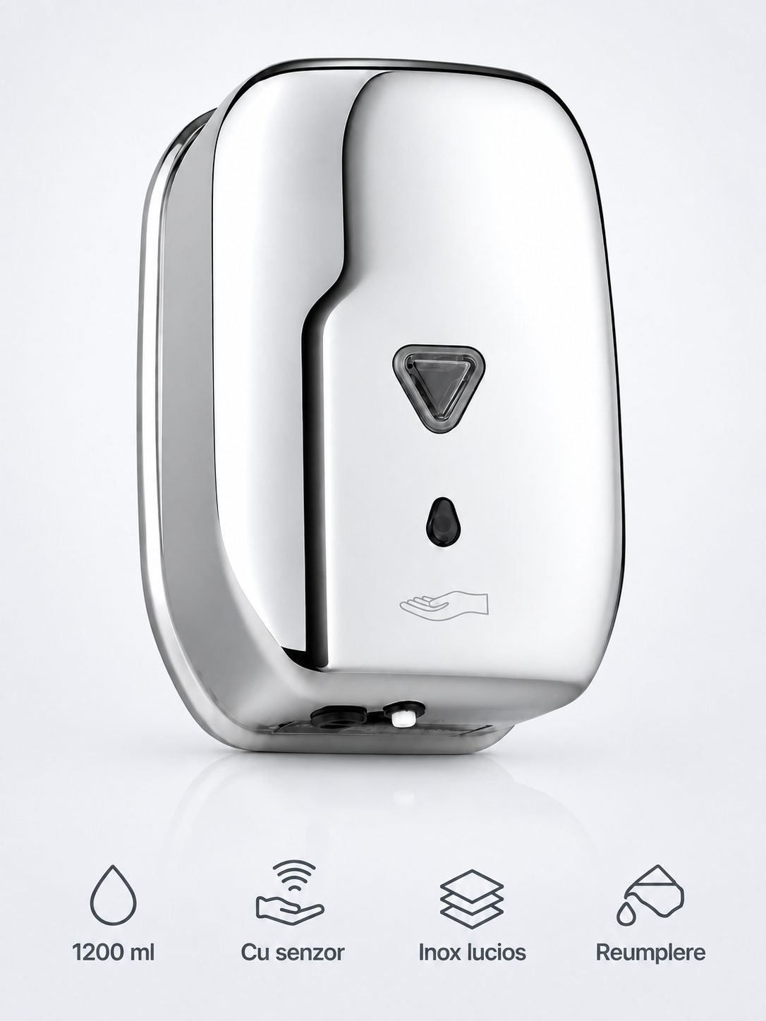 Dozator Săpun Lichid cu Automat Senzor Inox Lucios, 1200 ml – Igienă Automată, Design Elegant și Rezistență Superioară