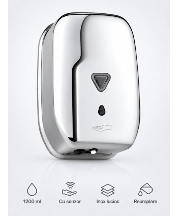 Dozator Săpun Lichid cu Automat Senzor Inox Lucios, 1200 ml – Igienă Automată, Design Elegant și Rezistență Superioară