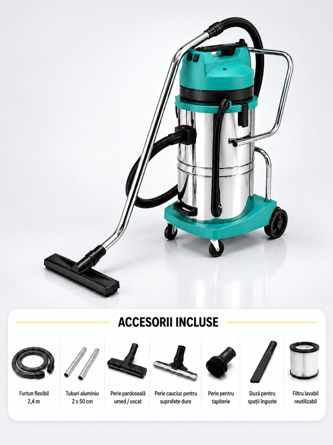 Aspirator profesional umed/uscat, Putere 2400 W, 60 L inox,  2500 mm H2O, 5 ani Garantie, ArliTech® A602