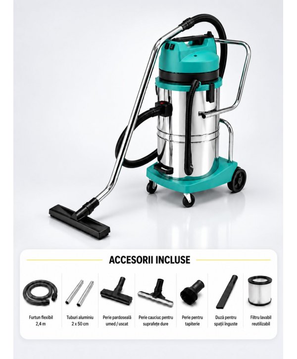 Aspirator profesional umed/uscat, Putere 2400 W, 60 L inox, 2500 mm H2O, 5 ani Garantie, ArliTech® A602 Aspirator profesional umed/uscat, Putere 2400 W, 60 L inox, 2500 mm H2O, 5 ani Garantie, ArliTech® A602