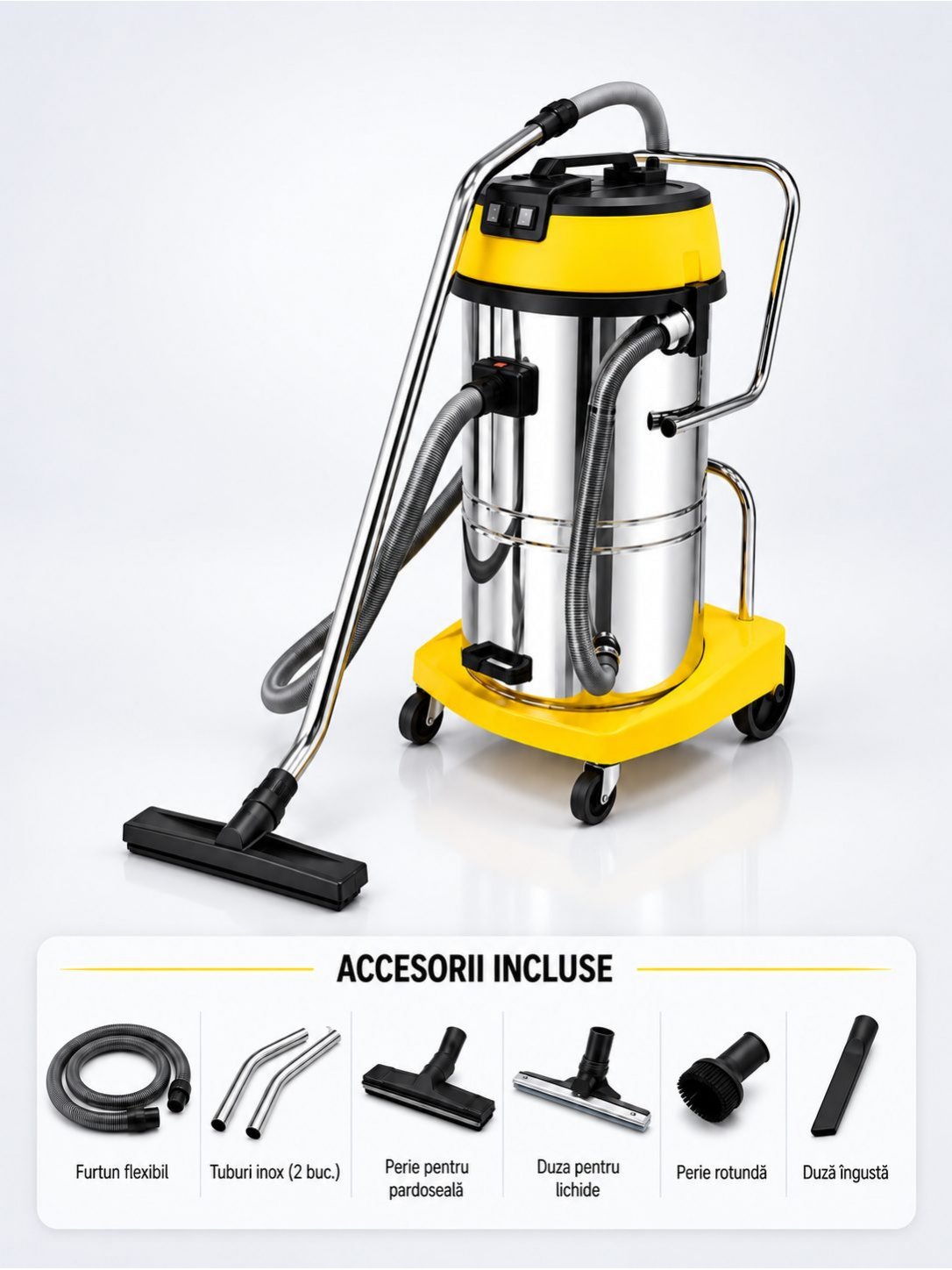 Aspirator profesional umed/uscat, Putere 2400 W, 80 L inox,  2500 mm H2O, 5 ani Garantie, ArliTech® CH802
