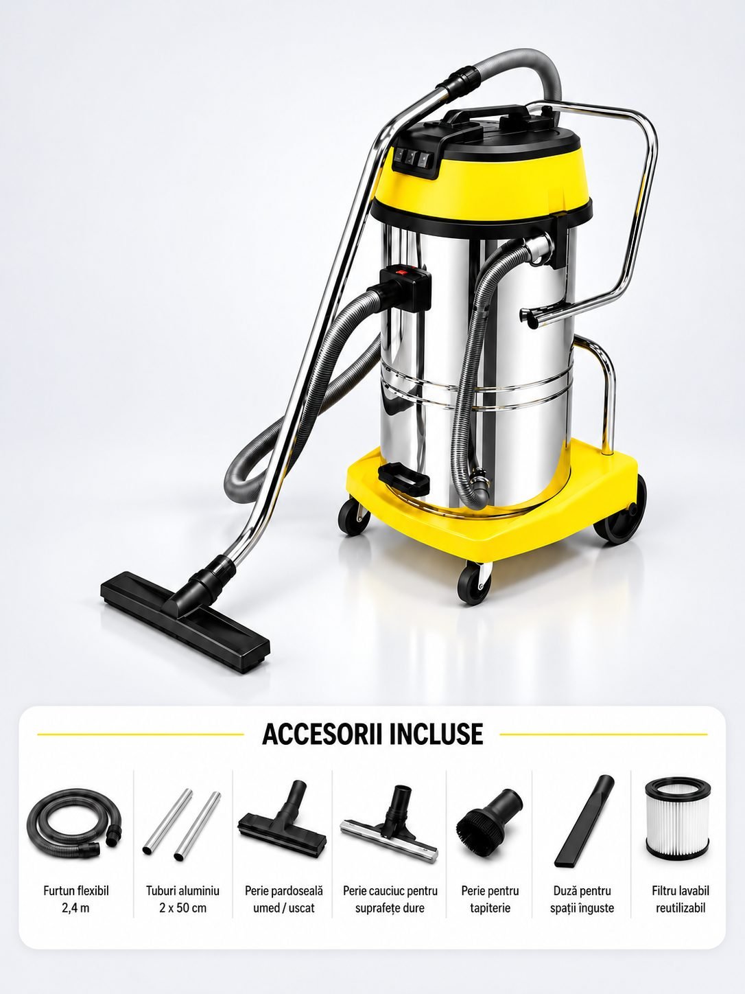 Aspirator profesional umed/uscat, Putere 3600 W, 60 L inox,  2500 mm H2O, 5 ani Garantie, ArliTech® CH603