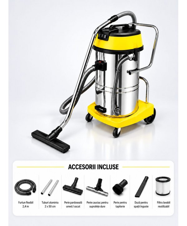 Aspirator profesional umed/uscat, Putere 3600 W, 60 L inox, 2500 mm H2O, 5 ani Garantie, ArliTech® CH603 Aspirator profesional umed/uscat, Putere 3600 W, 60 L inox, 2500 mm H2O, 5 ani Garantie, ArliTech® CH603