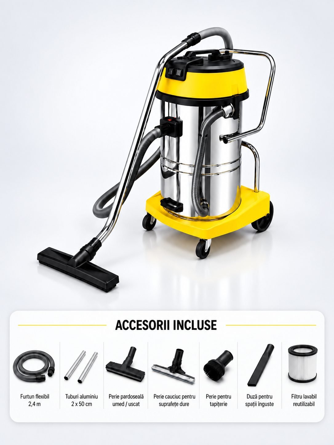 Aspirator profesional umed/uscat, Putere 2400 W, 60 L inox,  2500 mm H2O, 5 ani Garantie, ArliTech® CH602