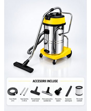 Aspirator profesional umed/uscat, Putere 2400 W, 60 L inox, 2500 mm H2O, 5 ani Garantie, ArliTech® CH602