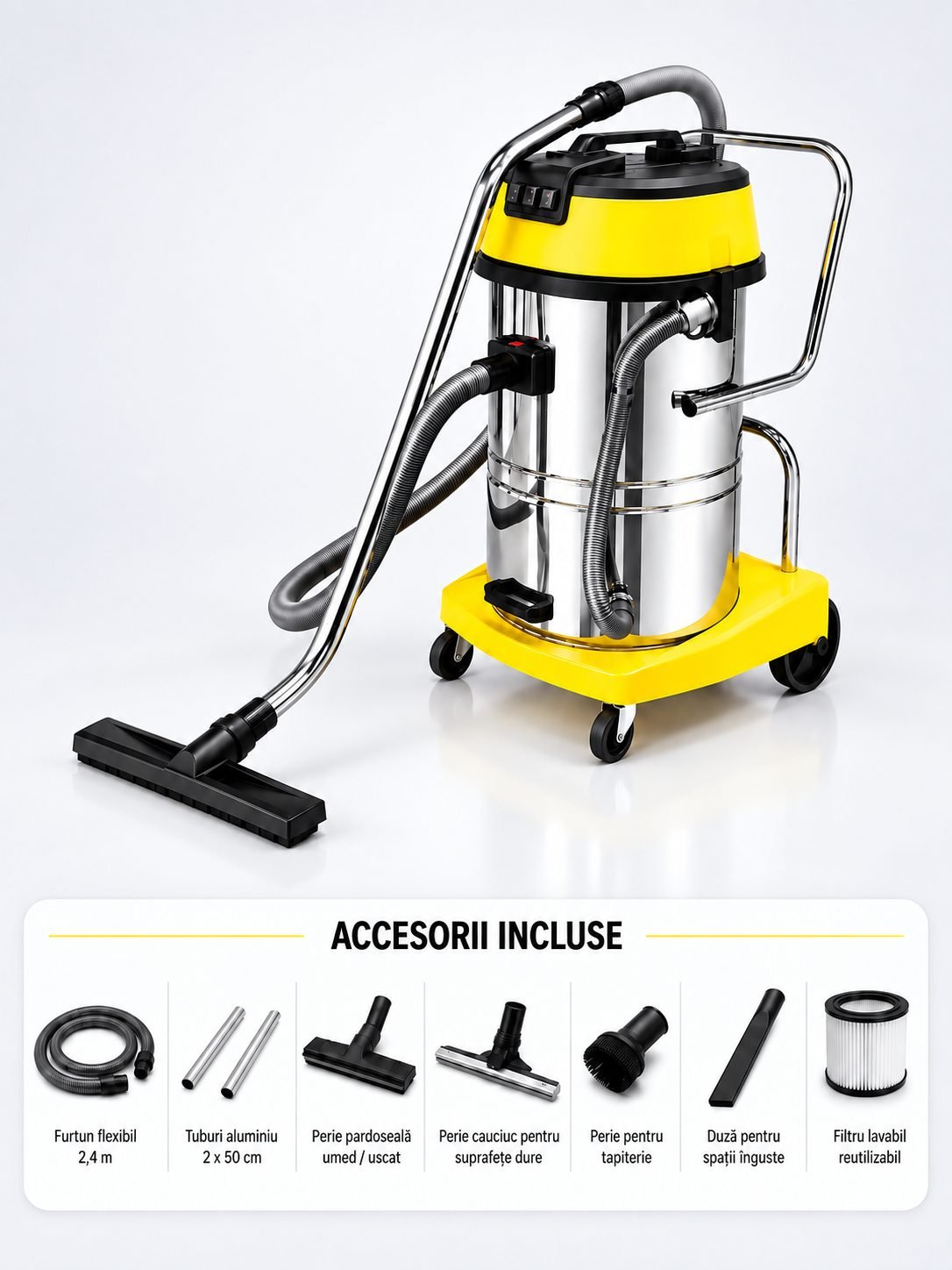 Aspirator profesional umed/uscat, Putere 3600 W, 80 L inox,  2500 mm H2O, 5 ani Garantie, ArliTech® CH803