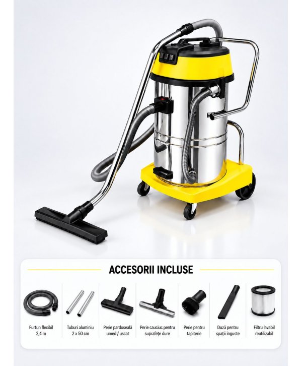 Aspirator profesional umed/uscat, Putere 3600 W, 80 L inox, 2500 mm H2O, 5 ani Garantie, ArliTech® CH803 Aspirator profesional umed/uscat, Putere 3600 W, 80 L inox, 2500 mm H2O, 5 ani Garantie, ArliTech® CH803