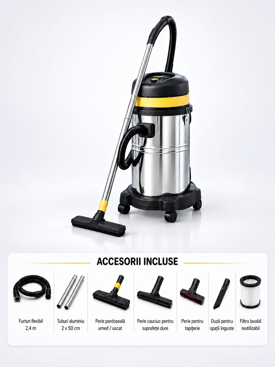 Aspirator profesional umed/uscat ArliTech® 3435 Inox – Putere 1200W, Eficiență și Sustenabilitate