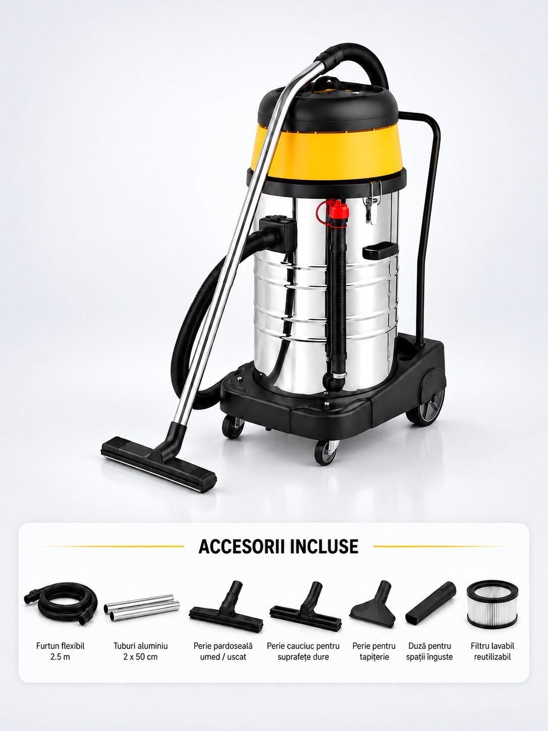 Aspirator profesional umed/uscat ArliTech® 602 Inox – Putere 2400W, Performanță și Fiabilitate pentru Trafic Intens