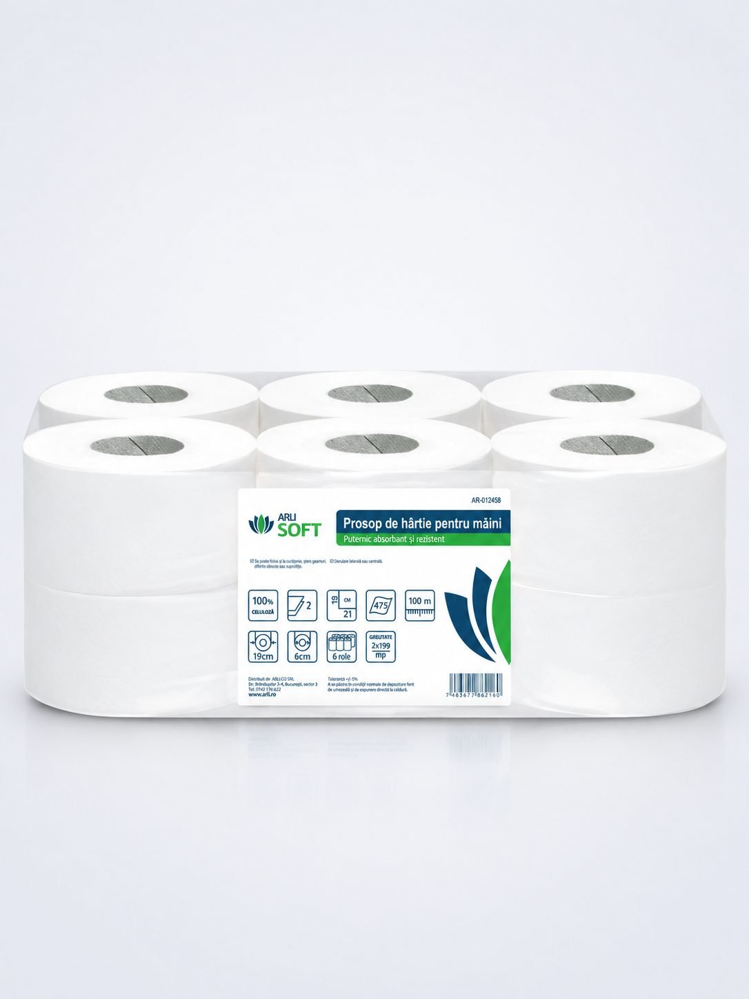 Prosoape de hartie tip rola, 2 straturi, 100% celuloza, albe, 100 metri, 475 portii, ArliSoft®, pachet 6 role