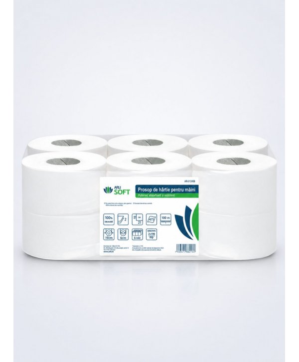 Prosoape de hartie tip rola, 2 straturi, 100% celuloza, albe, 100 metri, 475 portii, ArliSoft®, pachet 6 role Prosoape de hartie tip rola, 2 straturi, 100% celuloza, albe, 100 metri, 475 portii, ArliSoft®, pachet 6 role