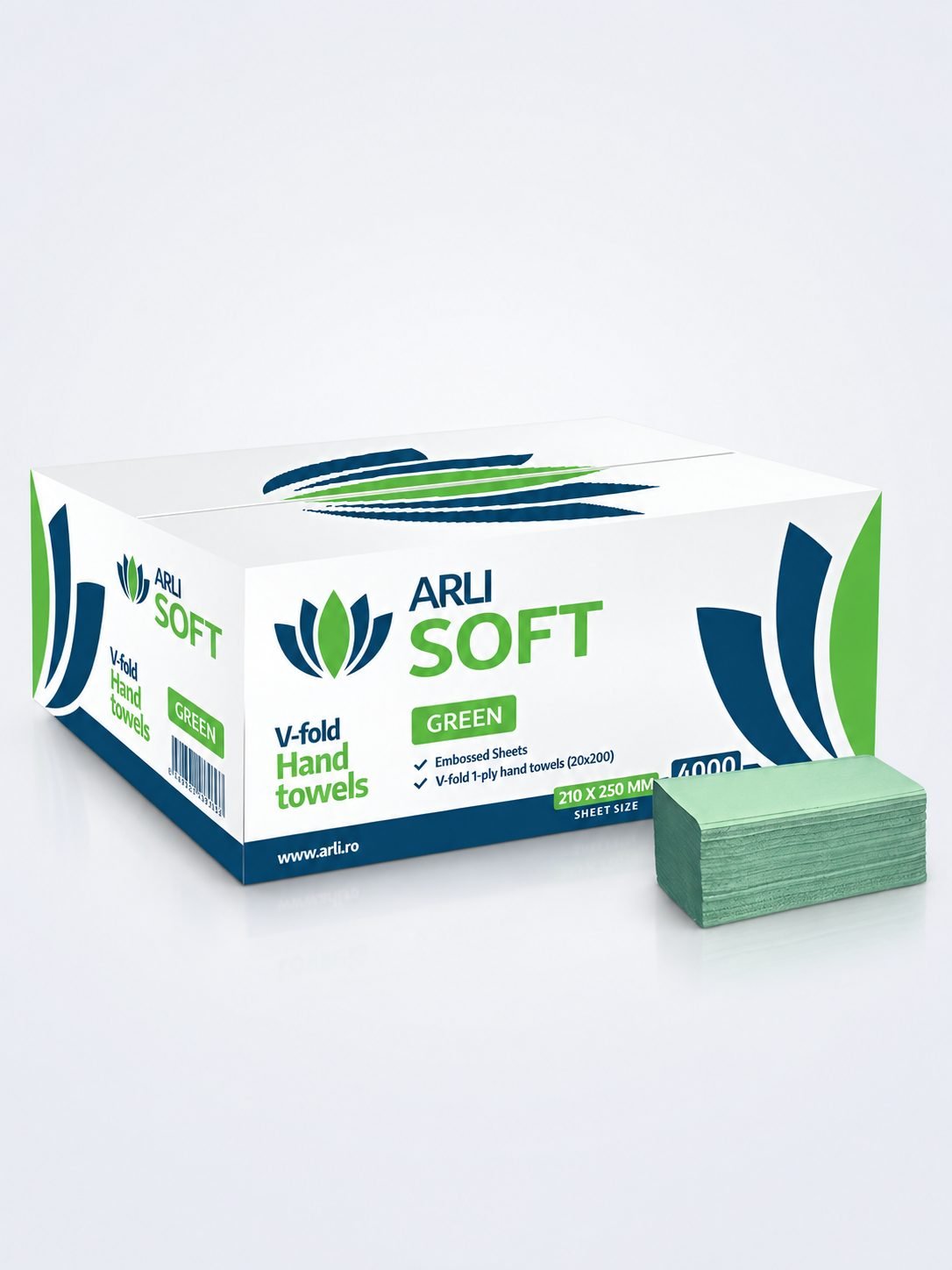Prosoape de hartie pt maini ArliSoft®, 1 strat, hartie reciclata verde, 4000 buc, 20 pach x 200 servetele, 21 x 25 cm
