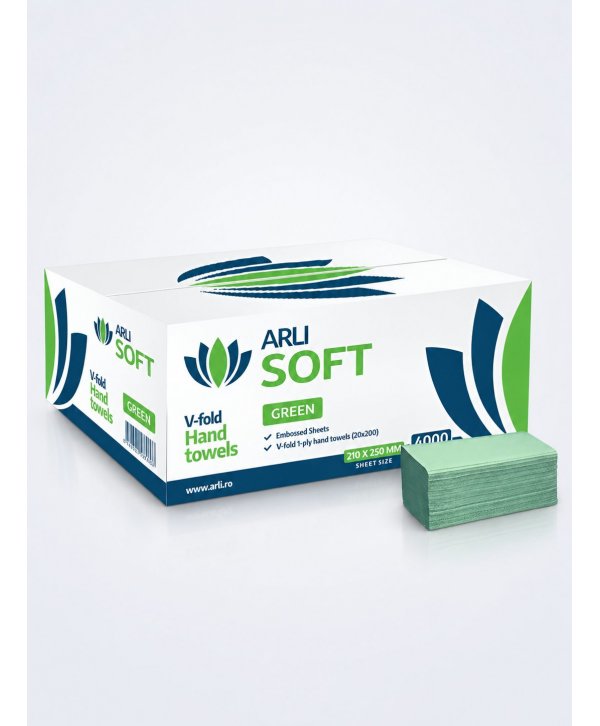 Prosoape de hartie pt maini ArliSoft®, 1 strat, hartie reciclata verde, 4000 buc, 20 pach x 200 servetele, 21 x 25 cm Prosoape de hartie pt maini ArliSoft®, 1 strat, hartie reciclata verde, 4000 buc, 20 pach x 200 servetele, 21 x 25 cm