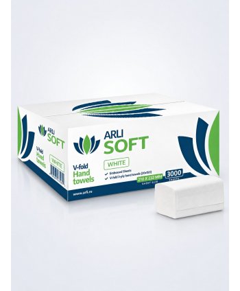 Prosoape de hartie pt maini ArliSoft® V-Fold White 2 straturi, celuloza 100%, 3000 buc, 20 pach x 150 servetele, 21 x 23,2 cm