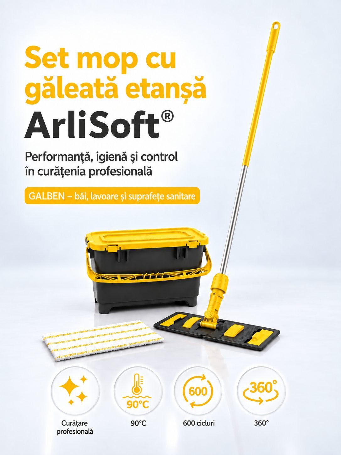 Set mop cu găleată etanșă ArliSoft® 20L, galben