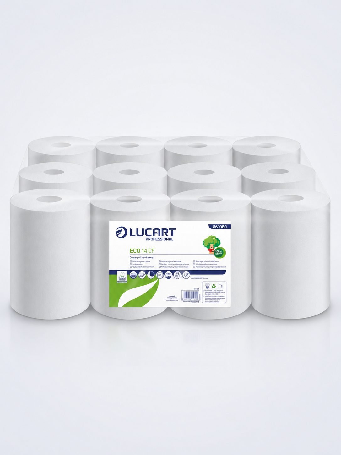 Prosoape de hartie tip rola, 2 straturi, hartie reciclata Ecolabel, 55 metri, 240 portii, Lucart 861080, pachet 12 role