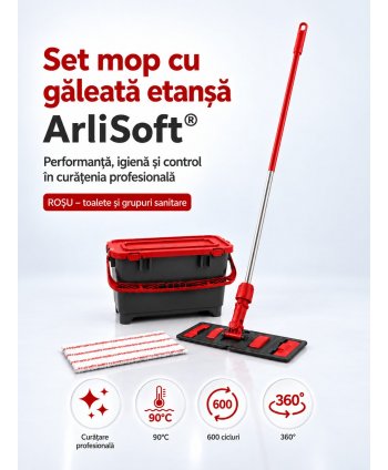 Set mop cu găleată etanșă ArliSoft® 20L, roșu