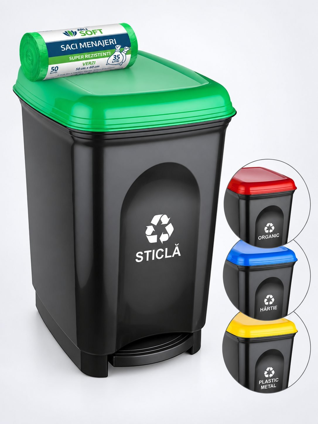 Coș de gunoi cu pedală pentru colectare selectivă deșeuri din sticlă 17 litri + 50 saci verzi ArliSoft 35 litri