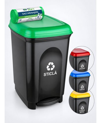 Coș de gunoi cu pedală pentru colectare selectivă deșeuri din sticlă 17 litri + 50 saci verzi ArliSoft 35 litri