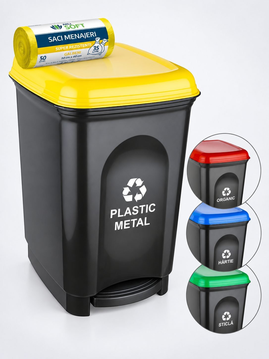 Coș de gunoi cu pedală pt colectare selectivă deșeuri din plastic 17 litri + 50 saci galbeni ArliSoft 35 litri