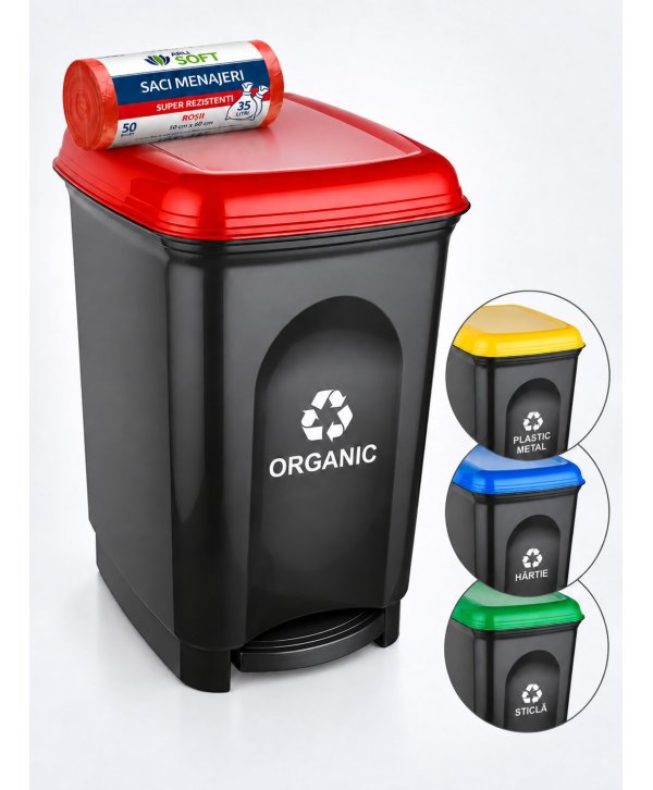 Coș de gunoi cu pedală pentru colectare selectivă deșeuri organice 17 litri + 50 saci roșii ArliSoft 35 litri Coș de gunoi cu pedală pentru colectare selectivă deșeuri organice 17 litri + 50 saci roșii ArliSoft 35 litri
