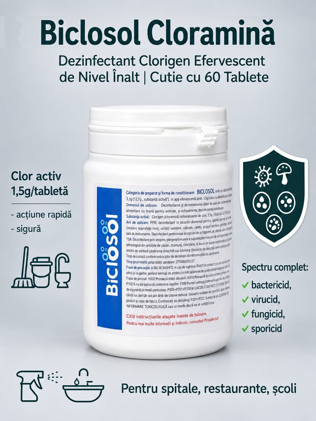 Biclosol – Dezinfectant Clorigen Efervescent de Nivel Înalt cu Spectru Larg de Actiune – 60 Tablete