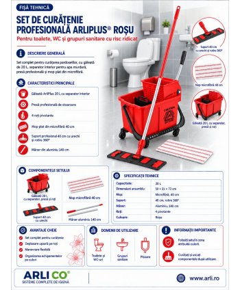 Set curățenie profesional ArliPlus® roșu, găleată 20 L cu storcător și mop plat 40 cm