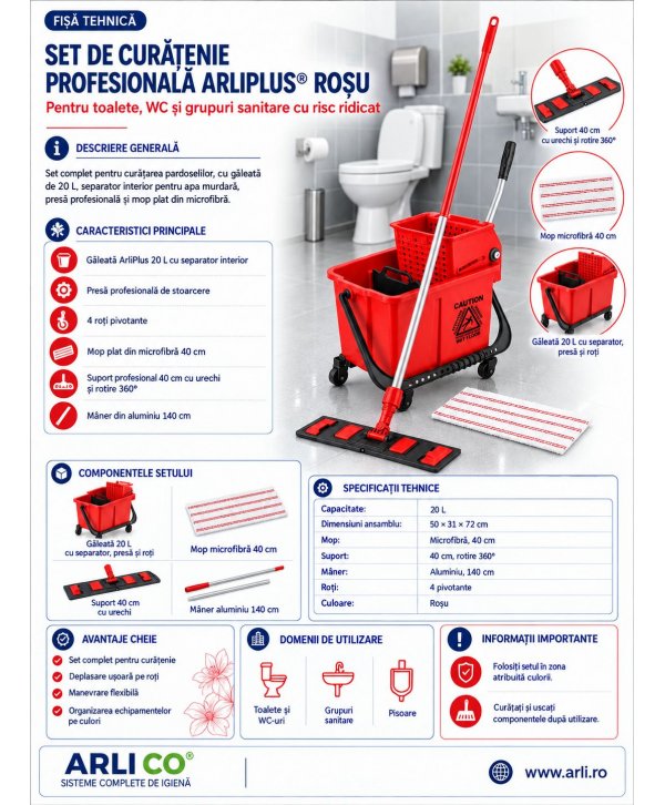 Set curățenie profesional ArliPlus® roșu, găleată 20 L cu storcător și mop plat 40 cm Set curățenie profesional ArliPlus® roșu, găleată 20 L cu storcător și mop plat 40 cm