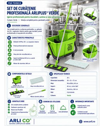 Set curățenie profesional ArliPlus® verde, găleată 20 L cu storcător și mop plat 40 cm
