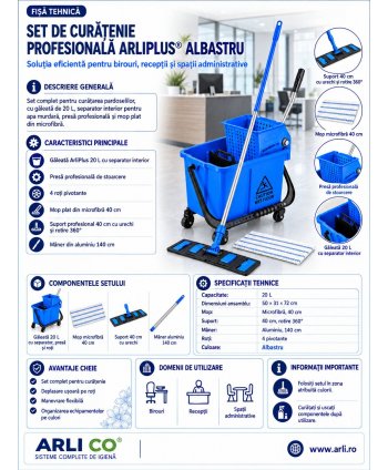 Set curățenie profesional ArliPlus® albastru, găleată 20 L cu storcător și mop plat 40 cm
