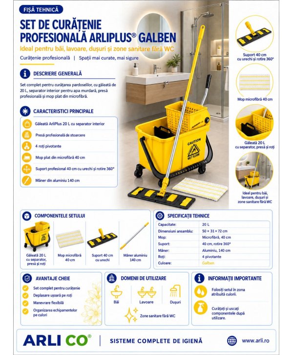 Set curățenie profesional ArliPlus® galben, găleată 20 L cu storcător și mop plat 40 cm Set curățenie profesional ArliPlus® galben, găleată 20 L cu storcător și mop plat 40 cm