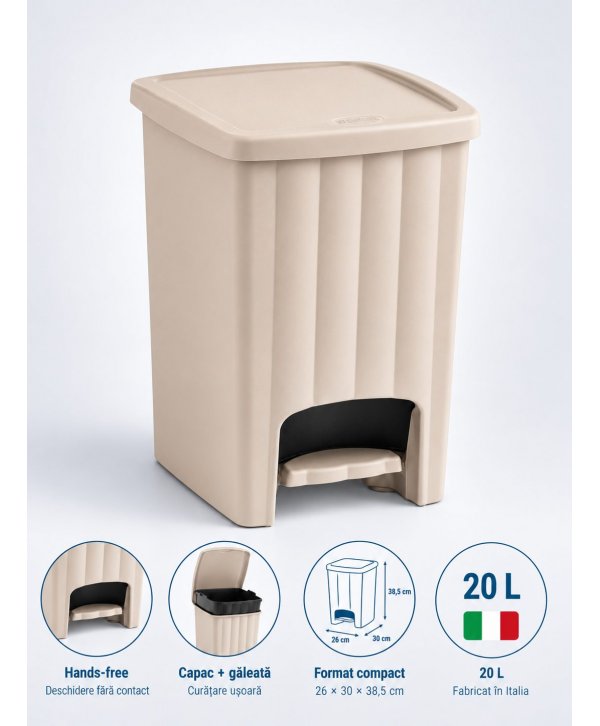 Coș de Gunoi 20L cu Pedală și Capac Cappuccino – Design Elegant și Igienă Fără Compromisuri Coș de Gunoi 20L cu Pedală și Capac Cappuccino – Design Elegant și Igienă Fără Compromisuri