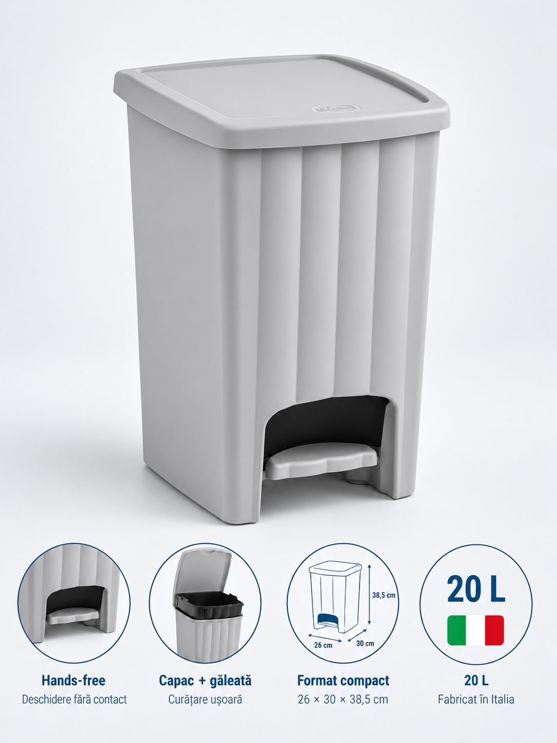 Coș de Gunoi 20L cu Pedală și Capac Grey Stone – Design Compact și Igienă Fără Compromisuri